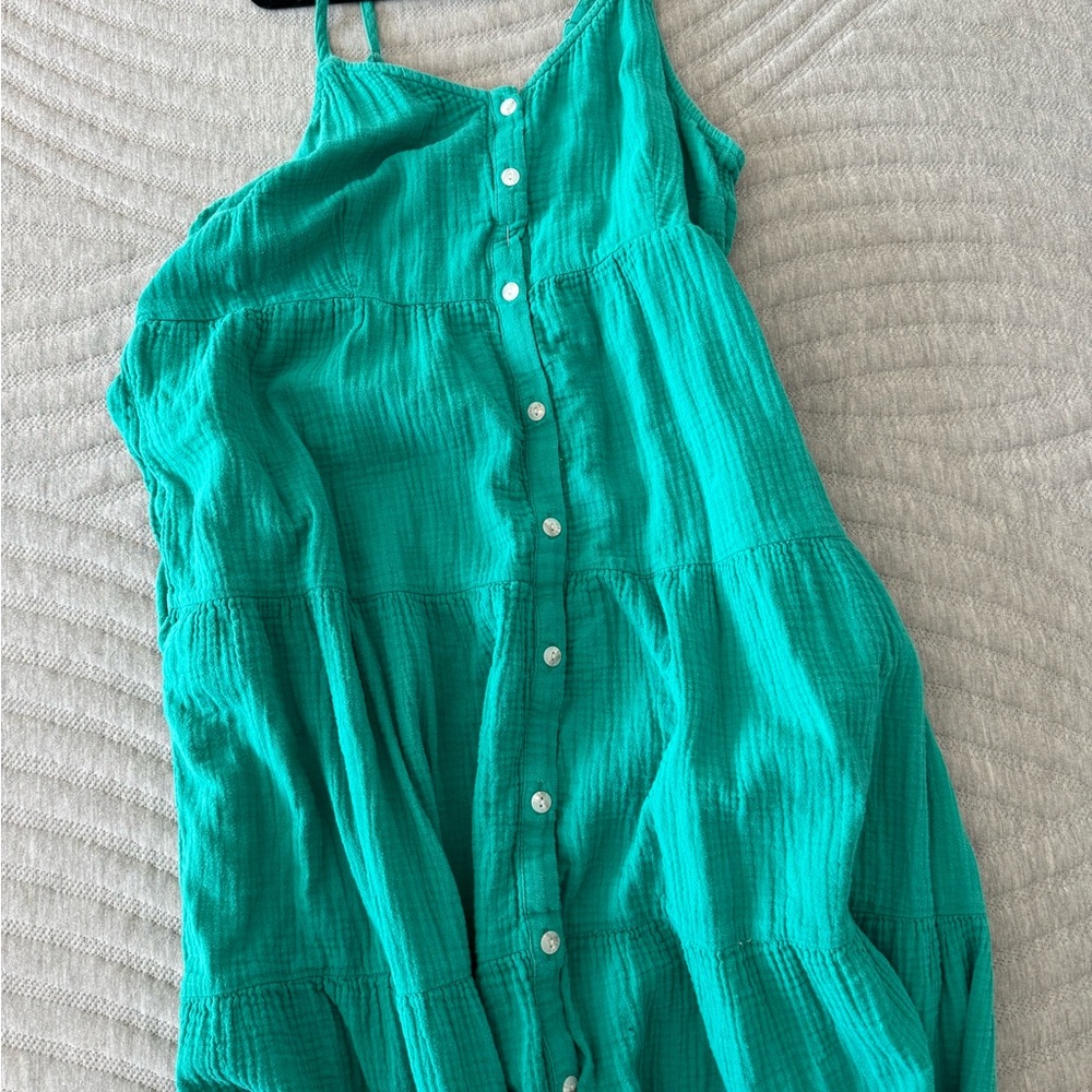 Green universo thread button down maxi dress gauze material
